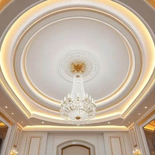 Model Plafon PVC Mewah Ala Rumah Sultan 1 Model Plafon PVC Dome dengan Lampu Gantung Kristal - Model Plafon PVC Mewah Ala Rumah Sultan