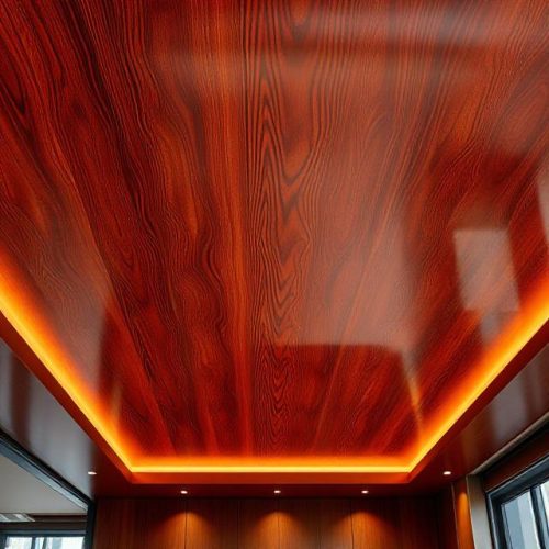 Model Plafon PVC Mewah Ala Rumah Sultan 5 Model Plafon PVC Motif Kayu Mahoni Glossy dengan Lampu LED -Model Plafon PVC Mewah Ala Rumah Sultan