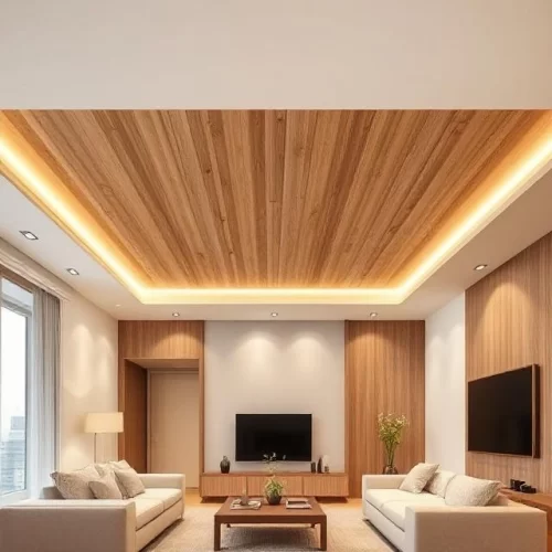 Model Plavon PVC Mewah untuk Ruang Tamu Minimalis 4 Plavon PVC Motif kayu alami - model plavon pvc mewah ruang tamu minimalis