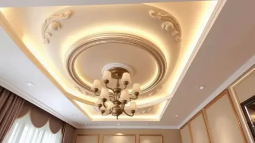 Model Plafon PVC Klasik Mewah dengan Warna Emas dan Cokelat Tua - Model Plavon PVC Mewah untuk Ruang Tamu Minimalis 7